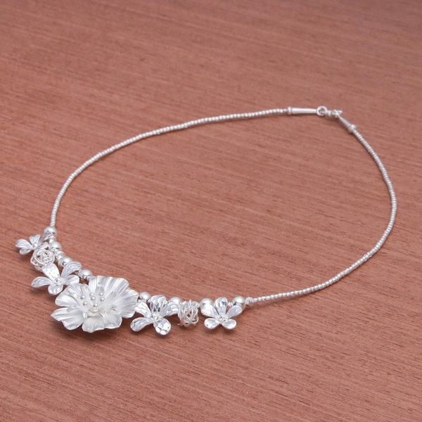 Alternate image for Floral Karen Silver Beaded Pendant Necklace from Thailand Glimmering Bouquet