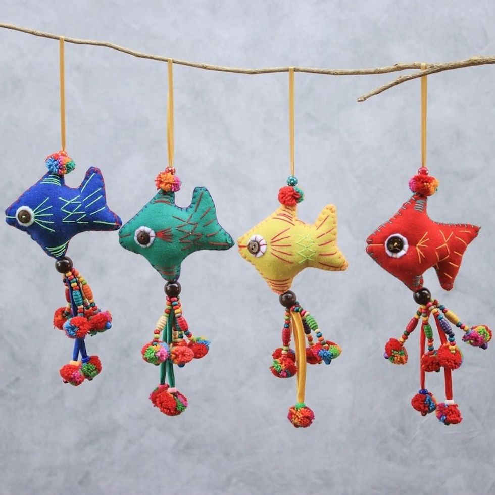 Colorful Cotton Fish Ornaments from Thailand Set of 4 'Cheerful Fish'