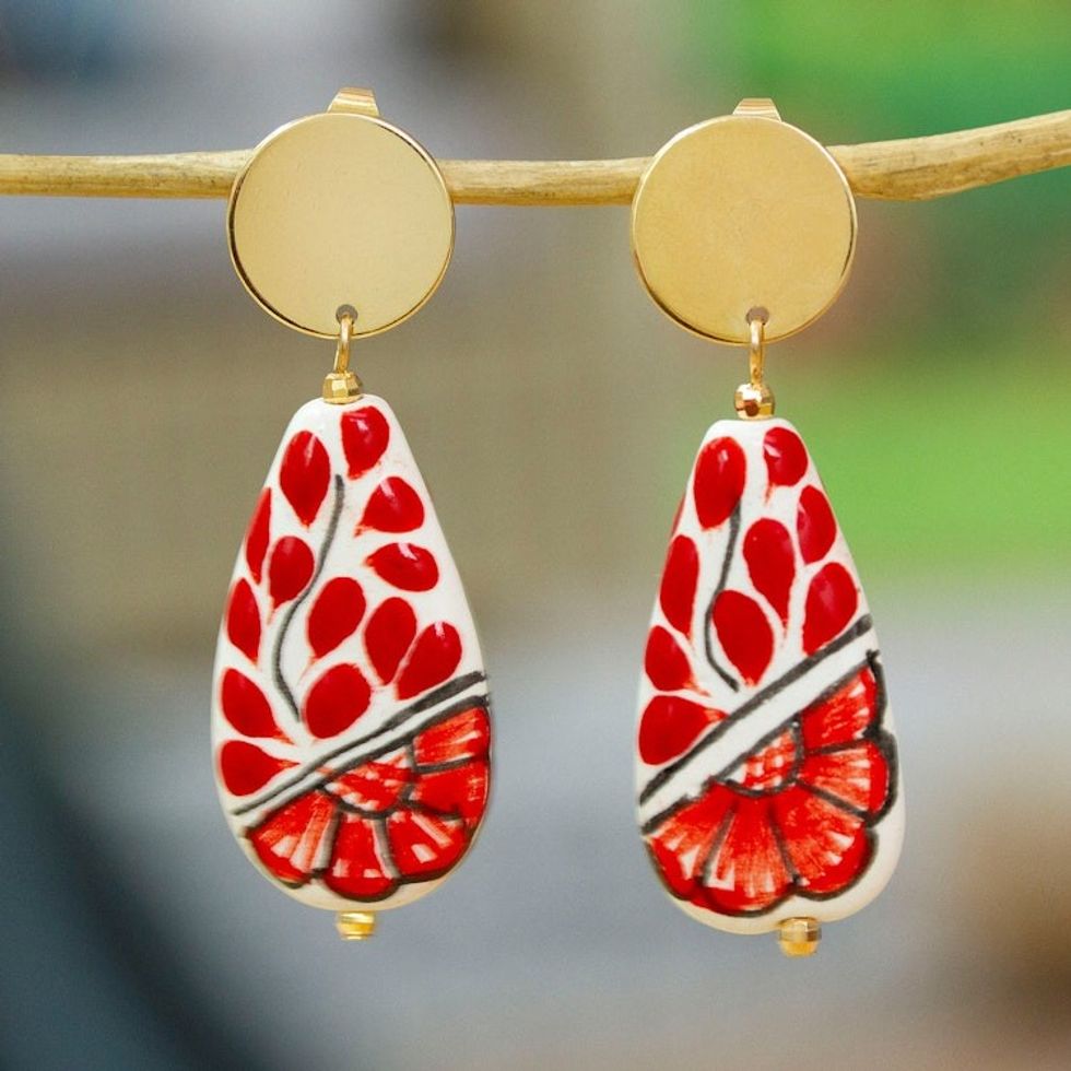 Floral Red Gold-Accented Drop-Shaped Ceramic Dangle Earrings 'Passionate Rain'