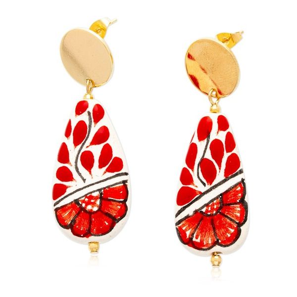 Alternate image for Floral Red Gold-Accented Drop-Shaped Ceramic Dangle Earrings Passionate Rain