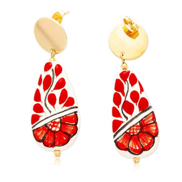 Alternate image for Floral Red Gold-Accented Drop-Shaped Ceramic Dangle Earrings Passionate Rain