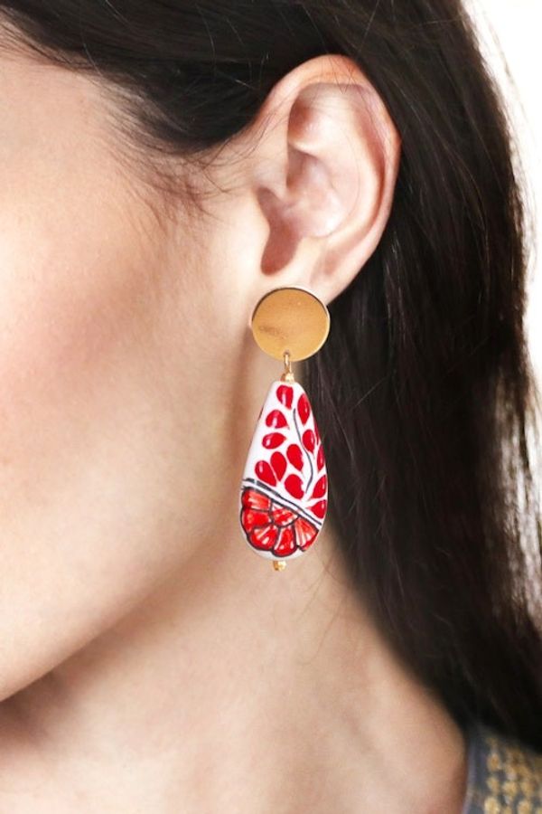 Alternate image for Floral Red Gold-Accented Drop-Shaped Ceramic Dangle Earrings Passionate Rain
