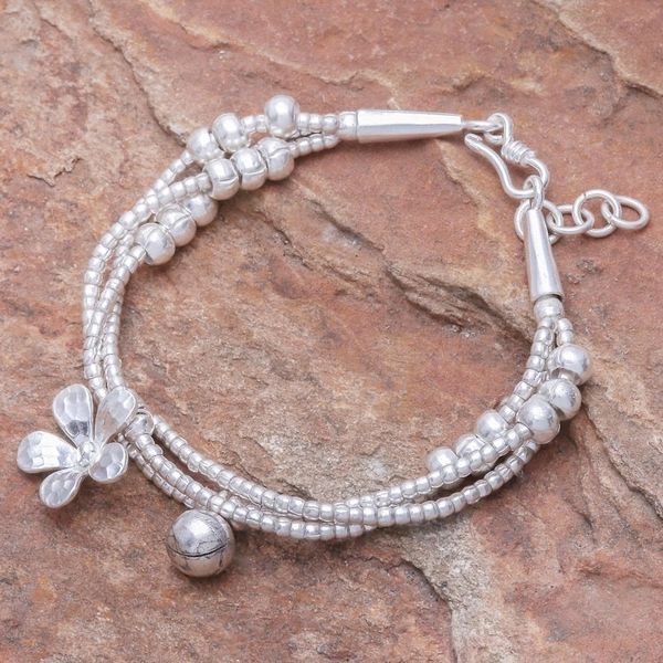 Alternate image for Thai Karen Hill Tribe Silver Floral Bracelet with a Bell Singing Blossom
