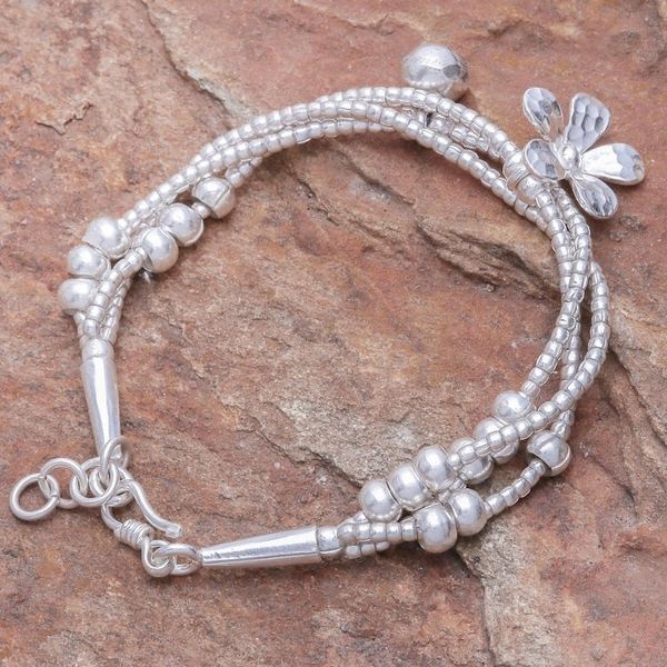 Alternate image for Thai Karen Hill Tribe Silver Floral Bracelet with a Bell Singing Blossom