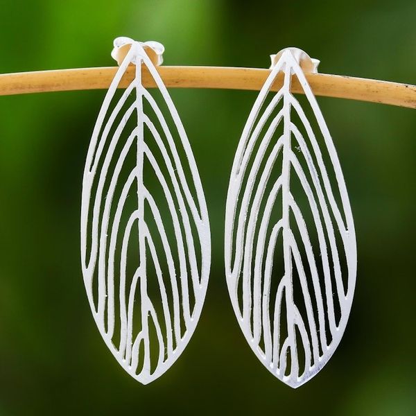 Alternate image for Leaf Earrings Handcrafted of Sterling Silver in Thailand Leaf Silhouette