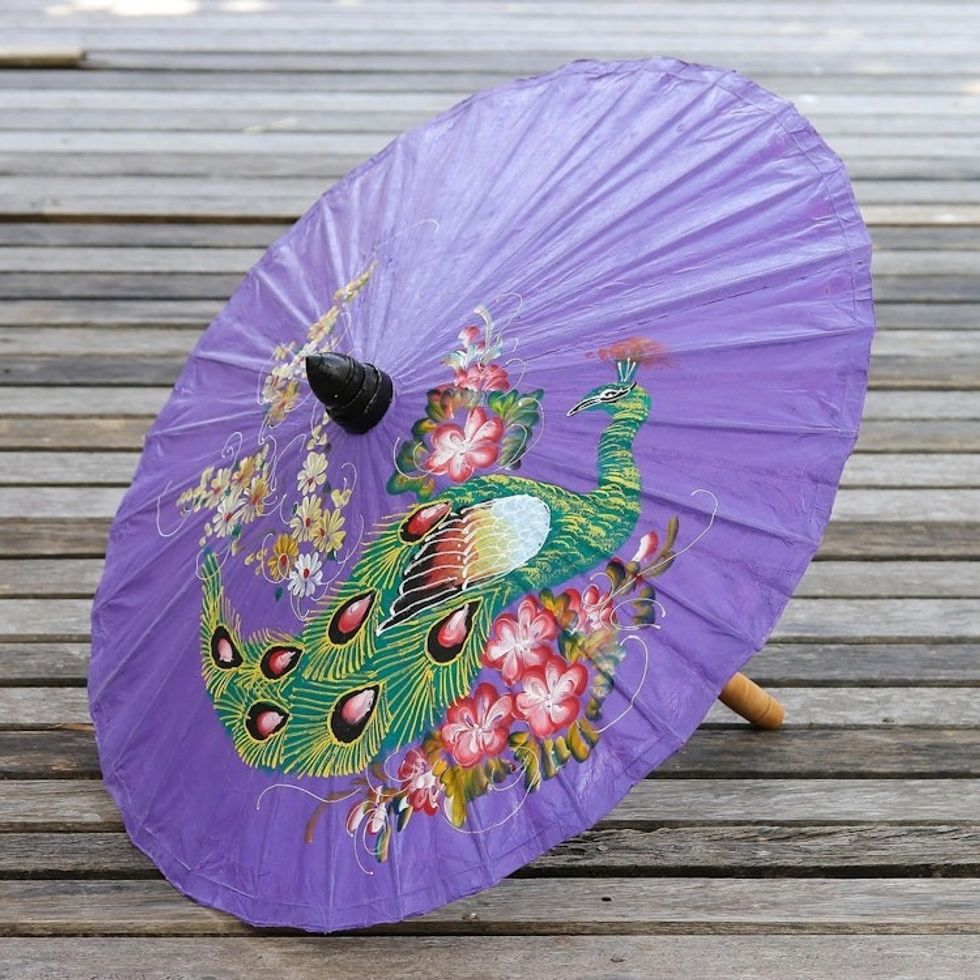 Peacock Motif Paper Parasol in Violet from Thailand 'Sunny Peacock in Violet'