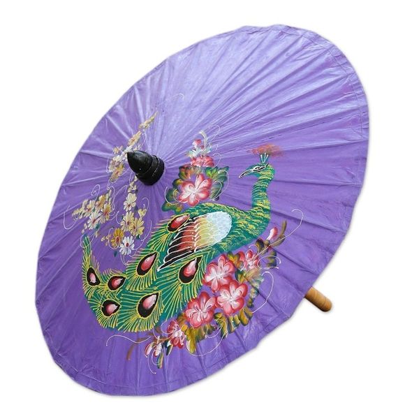 Alternate image for Peacock Motif Paper Parasol in Violet from Thailand Sunny Peacock in Violet