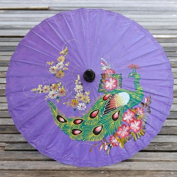 Alternate image for Peacock Motif Paper Parasol in Violet from Thailand Sunny Peacock in Violet
