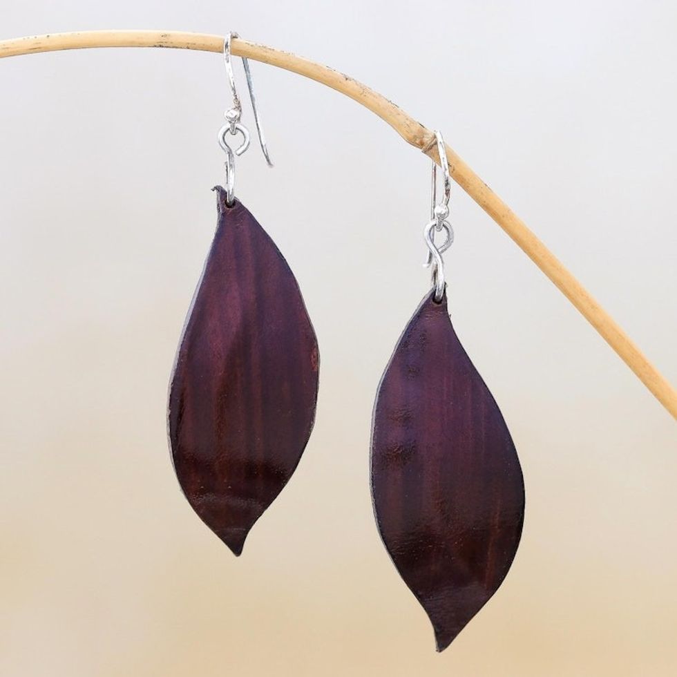 Leaf-Shaped Leather Dangle Earrings in Brown from Thailand 'Fanciful Leaves in Brown'