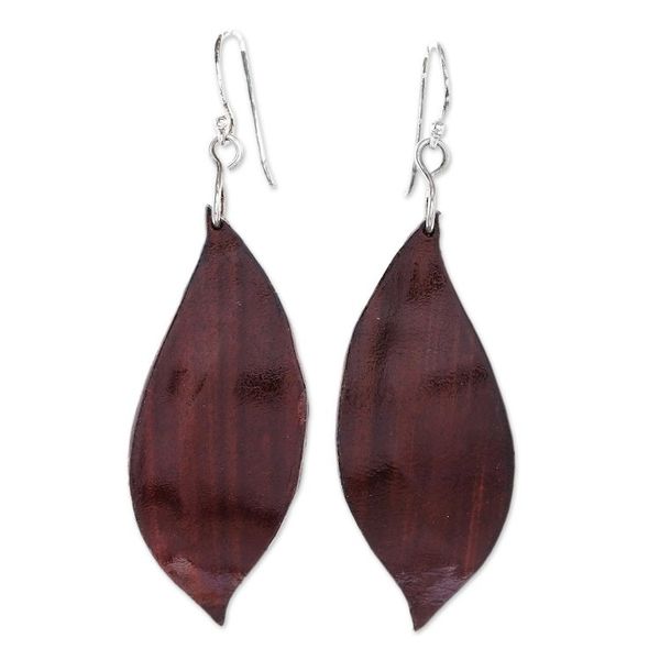 Alternate image for Leaf-Shaped Leather Dangle Earrings in Brown from Thailand Fanciful Leaves in Brown
