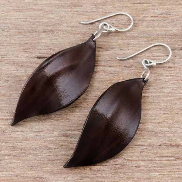 Alternate image for Leaf-Shaped Leather Dangle Earrings in Brown from Thailand Fanciful Leaves in Brown