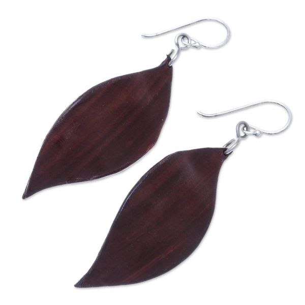 Alternate image for Leaf-Shaped Leather Dangle Earrings in Brown from Thailand Fanciful Leaves in Brown
