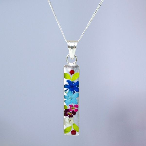 Alternate image for Silver Pendant Necklace with Resin-Preserved Natural Flowers Rectangular Glam