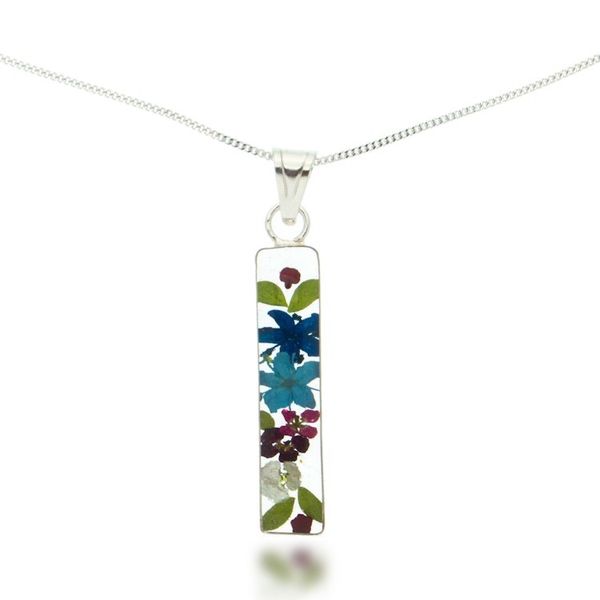 Alternate image for Silver Pendant Necklace with Resin-Preserved Natural Flowers Rectangular Glam