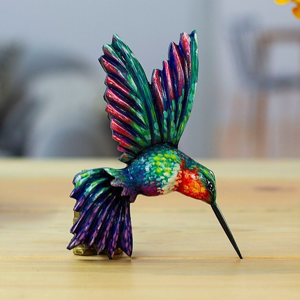Hummingbird-Themed Hand-Painted Pinewood Magnet from Mexico 'Hummingbird Instant'