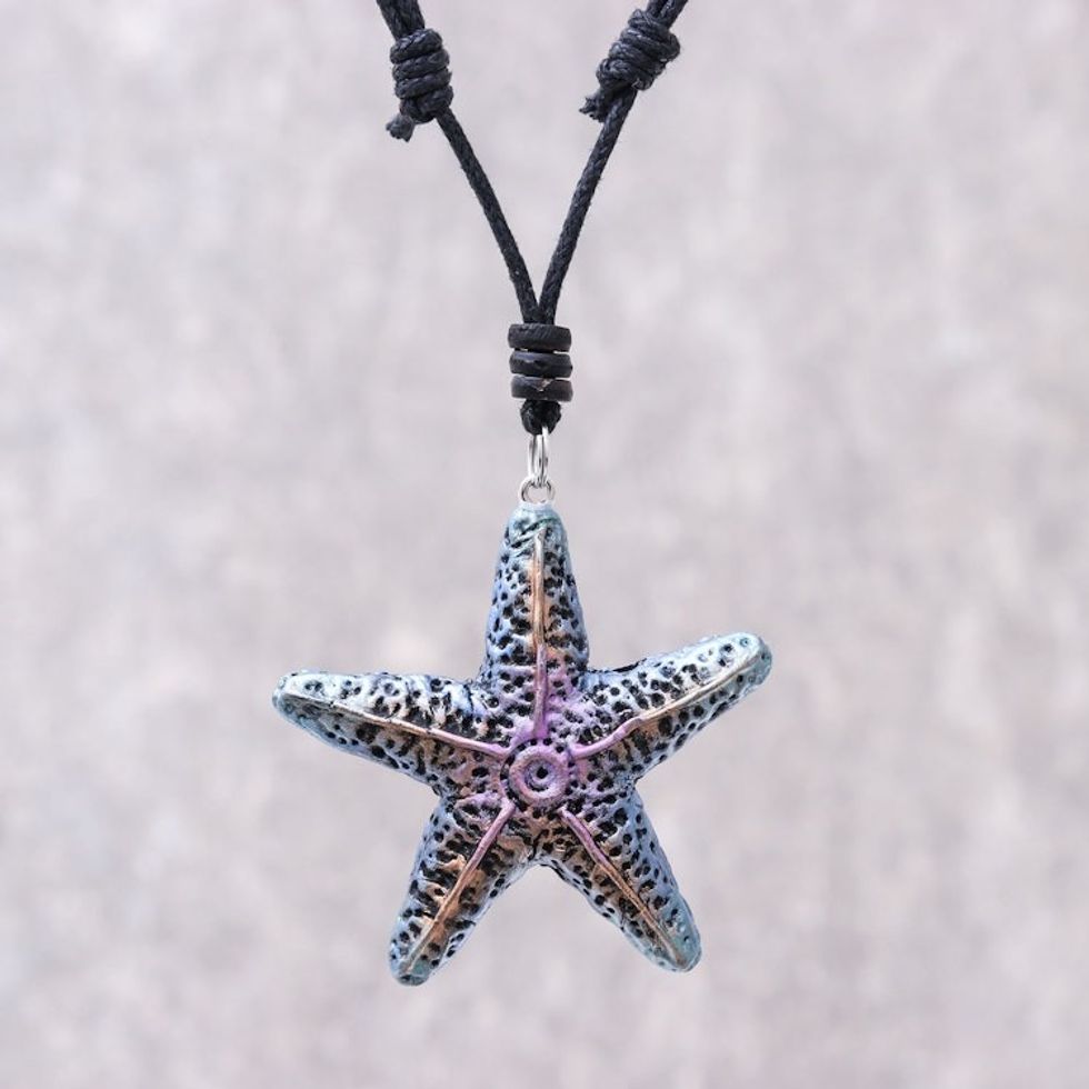 Hand-Painted Recycled Paper Starfish Necklace from Thailand 'Pink Starfish'