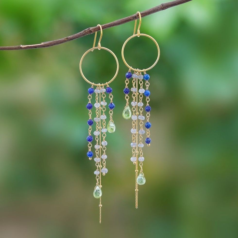 Gold Plated Multi-Gemstone Waterfall Earrings from Thailand 'Luxurious Rain'