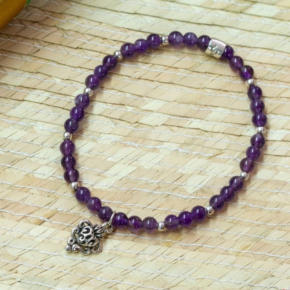 Amethyst Stretch Bracelet with Taxco Silver Heart Charm 'Purple Agave Love'