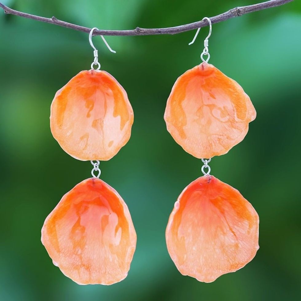 Natural Rose Petal Dangle Earrings in Orange from Thailand 'Pretty Rose in Orange'