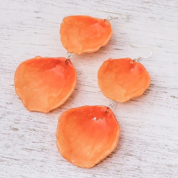 Alternate image for Natural Rose Petal Dangle Earrings in Orange from Thailand Pretty Rose in Orange