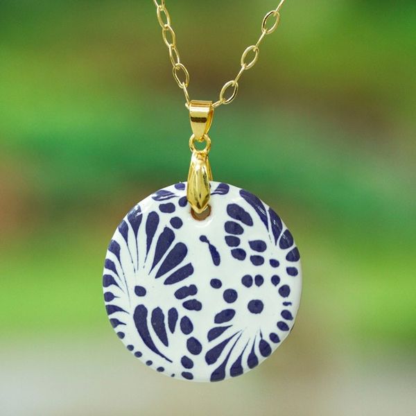 Alternate image for Gold-Accented Hand-Painted Blue Ceramic Pendant Necklace Moon of Tradition