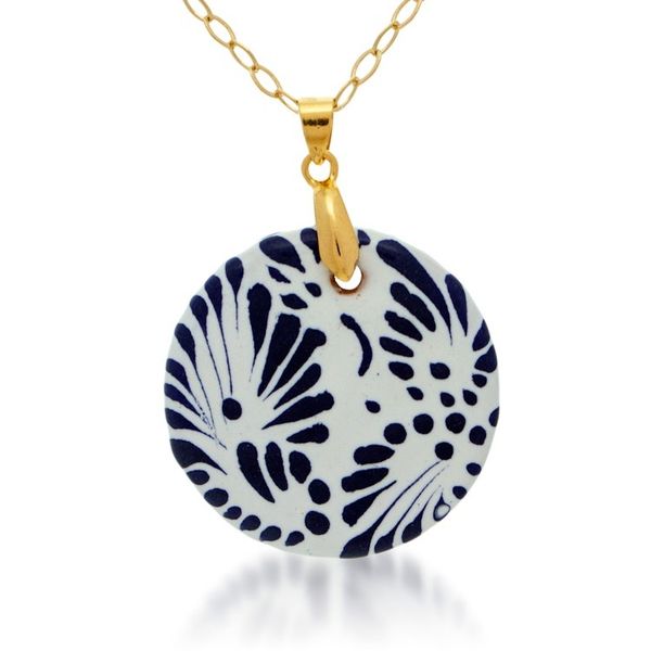 Alternate image for Gold-Accented Hand-Painted Blue Ceramic Pendant Necklace Moon of Tradition