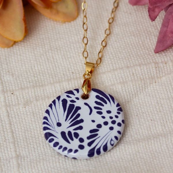 Alternate image for Gold-Accented Hand-Painted Blue Ceramic Pendant Necklace Moon of Tradition