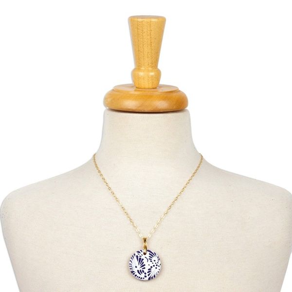 Alternate image for Gold-Accented Hand-Painted Blue Ceramic Pendant Necklace Moon of Tradition
