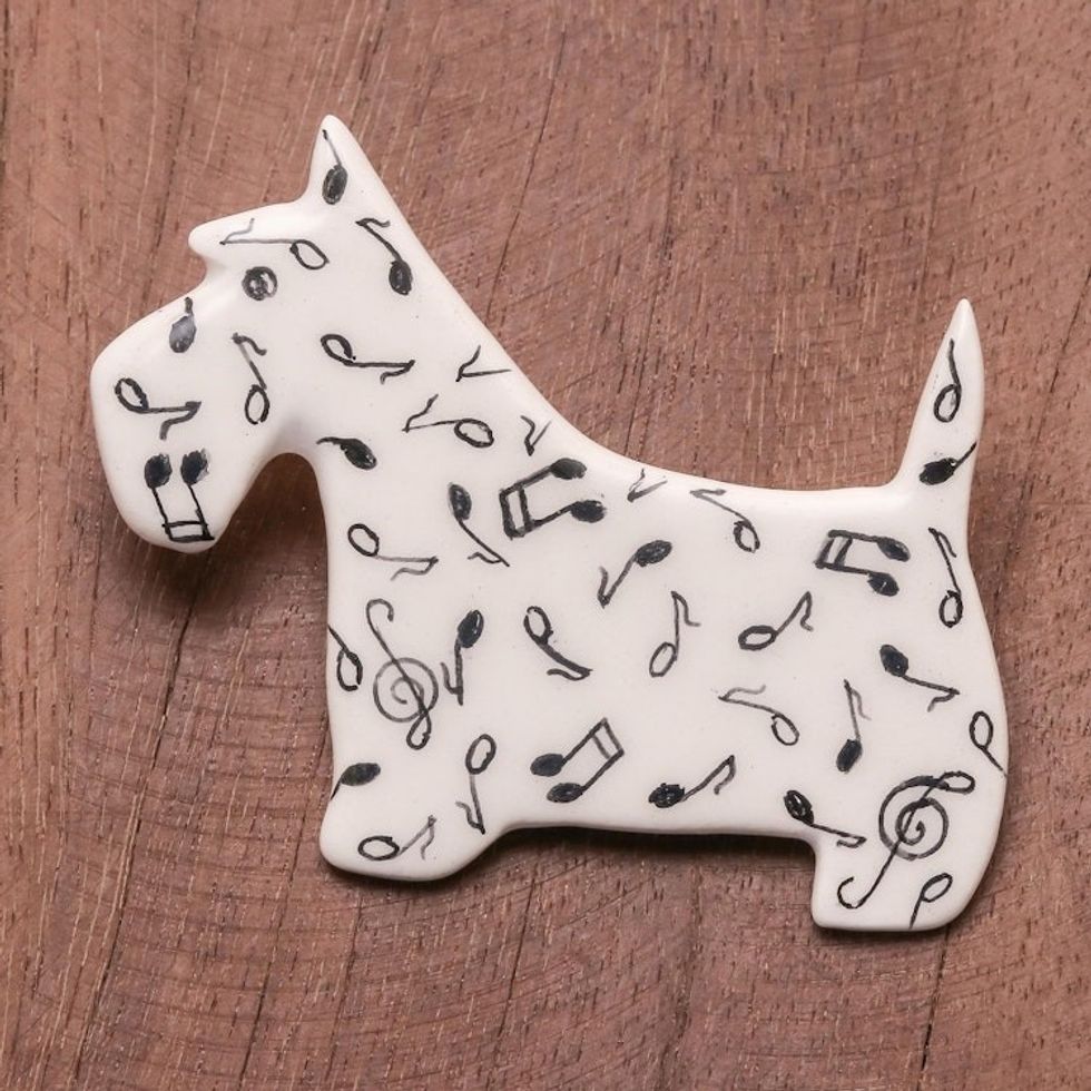 Music-Themed Ceramic Scottish Terrier Brooch from Thailand 'Scottish Terrier Melody'