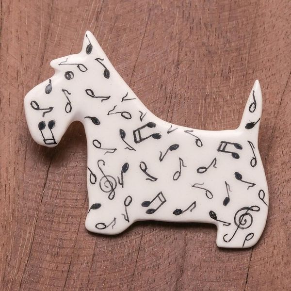 Alternate image for Music-Themed Ceramic Scottish Terrier Brooch from Thailand Scottish Terrier Melody