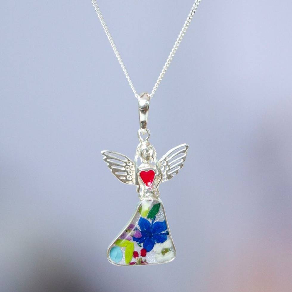 Resin-Preserved Natural Flower Silver Angel Pendant Necklace 'Angelic Heart'