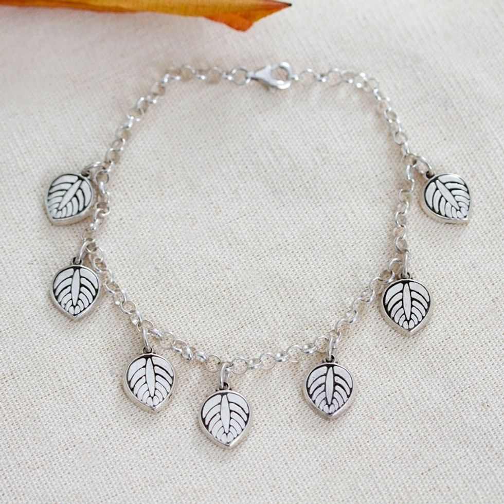 Leaf-Themed Taxco Silver Charm Bracelet from Mexico 'Luscious Leaf'
