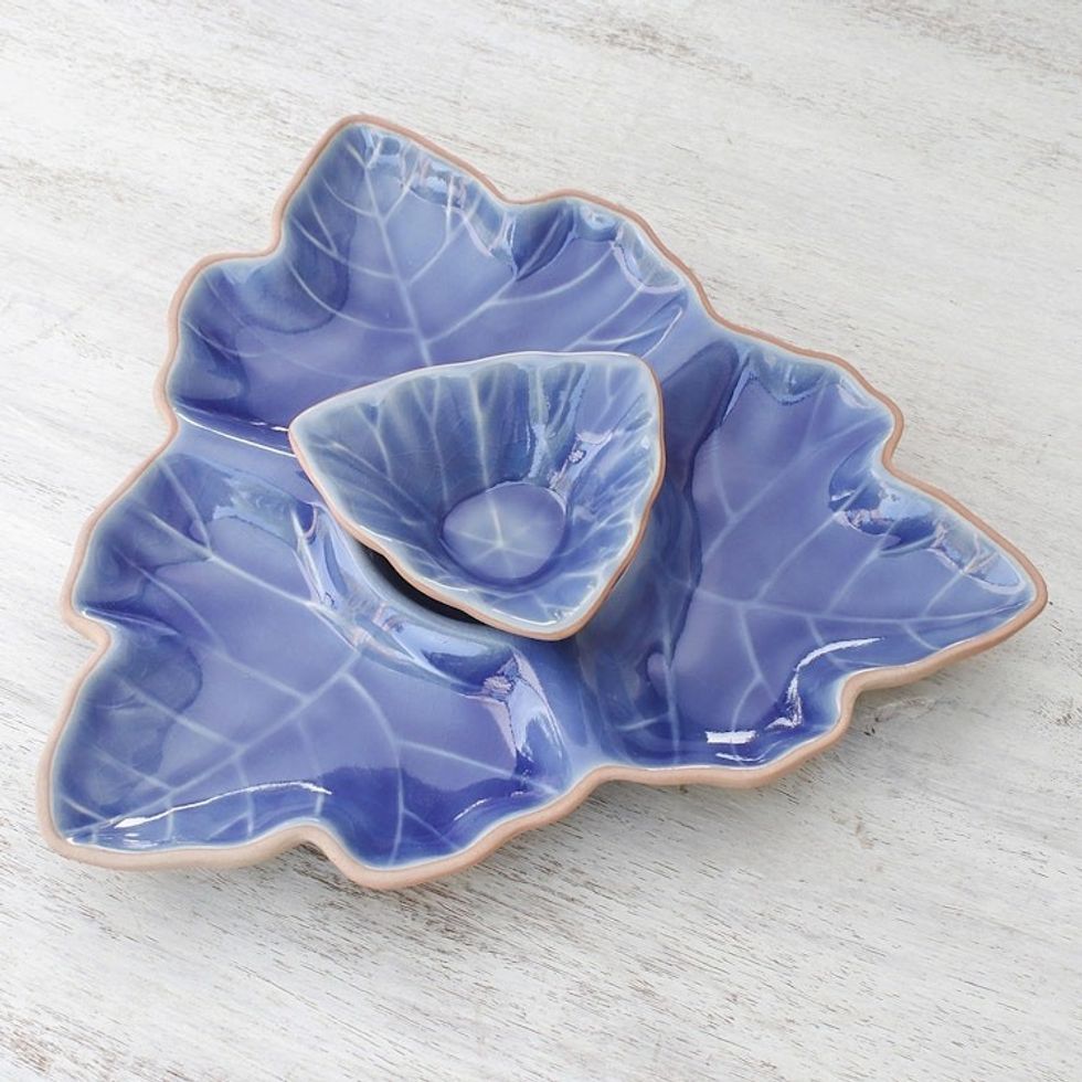 Blue Leaf Ceramic Appetizer Dishes from Thailand Pair 'Maple Leaf'