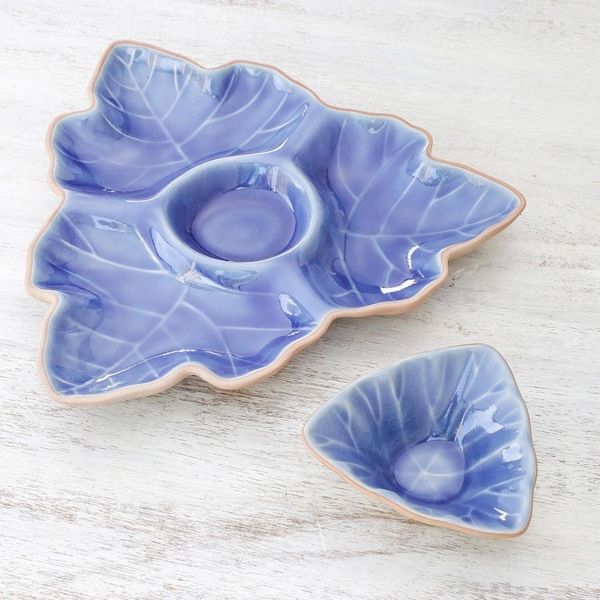 Alternate image for Blue Leaf Ceramic Appetizer Dishes from Thailand Pair Maple Leaf