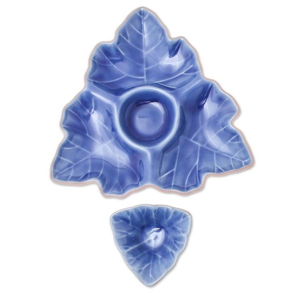 Alternate image for Blue Leaf Ceramic Appetizer Dishes from Thailand Pair Maple Leaf