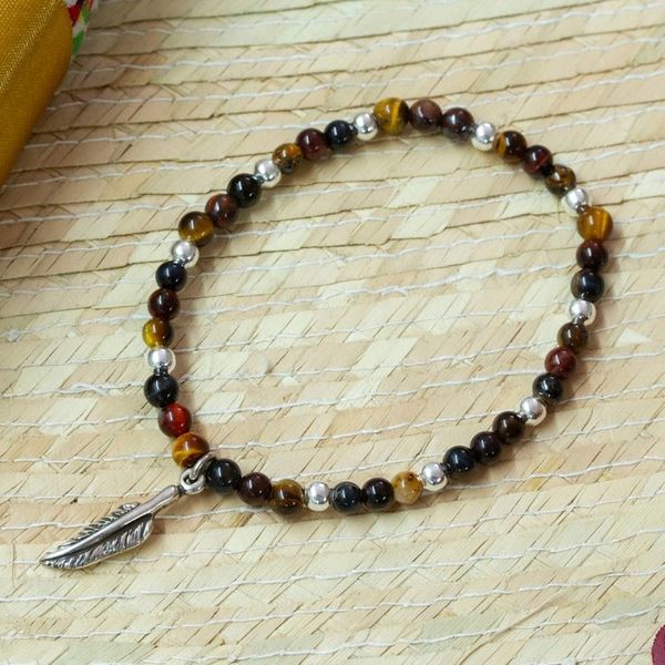 Alternate image for Tigers Eye Stretch Bracelet with Taxco Silver Feather Charm Feather Flair