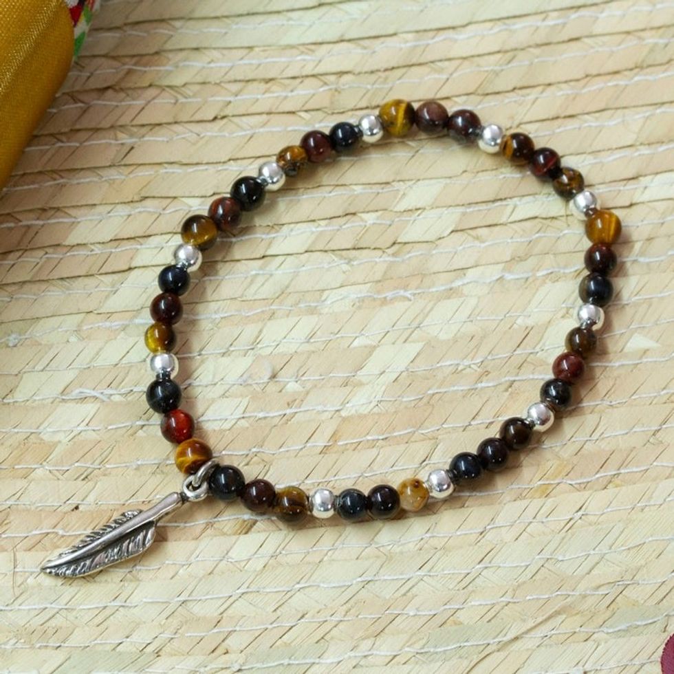 Tiger's Eye Stretch Bracelet with Taxco Silver Feather Charm 'Feather Flair'