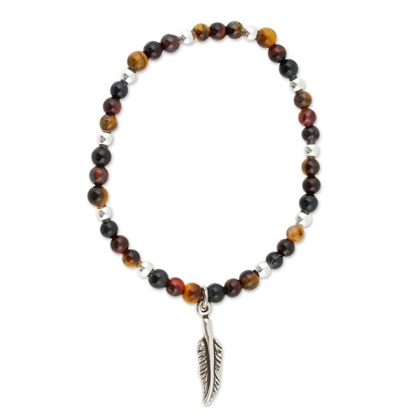 Alternate image for Tigers Eye Stretch Bracelet with Taxco Silver Feather Charm Feather Flair