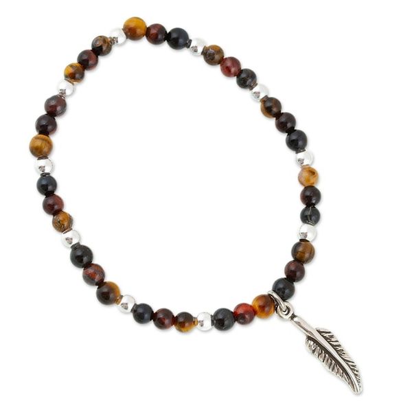 Alternate image for Tigers Eye Stretch Bracelet with Taxco Silver Feather Charm Feather Flair
