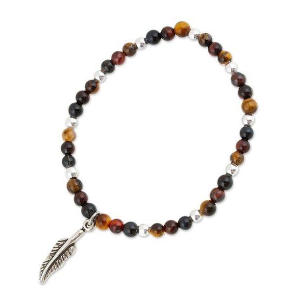 Alternate image for Tigers Eye Stretch Bracelet with Taxco Silver Feather Charm Feather Flair