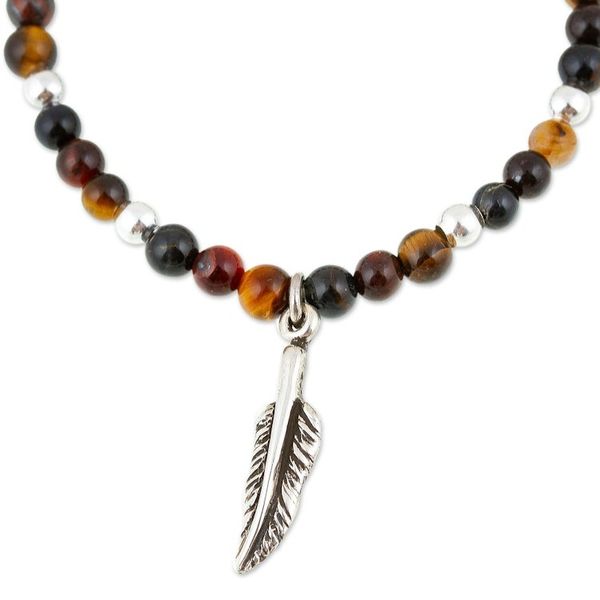 Alternate image for Tigers Eye Stretch Bracelet with Taxco Silver Feather Charm Feather Flair