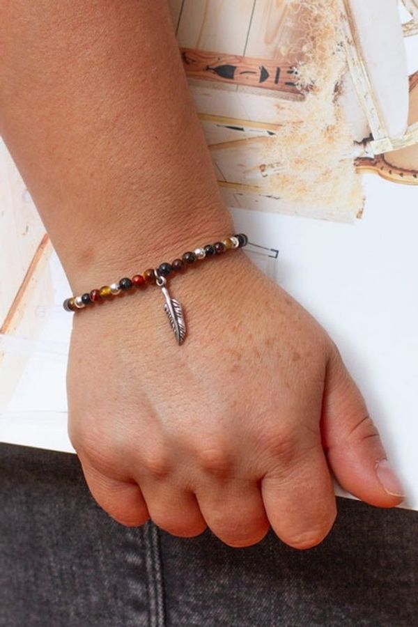 Alternate image for Tigers Eye Stretch Bracelet with Taxco Silver Feather Charm Feather Flair