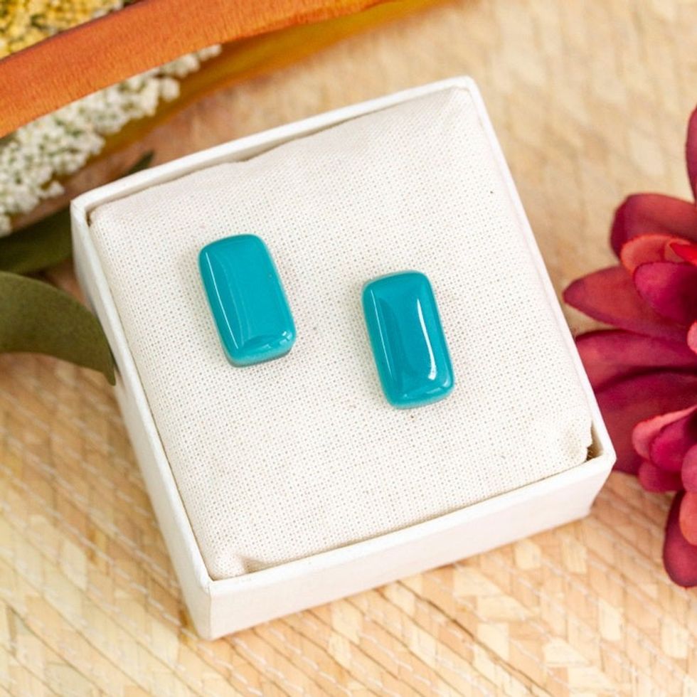 Teal Modern Handmade Art Glass Rectangular Button Earrings 'Teal Geometry'