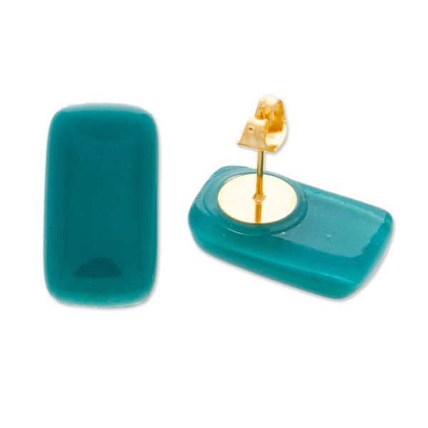 Alternate image for Teal Modern Handmade Art Glass Rectangular Button Earrings Teal Geometry