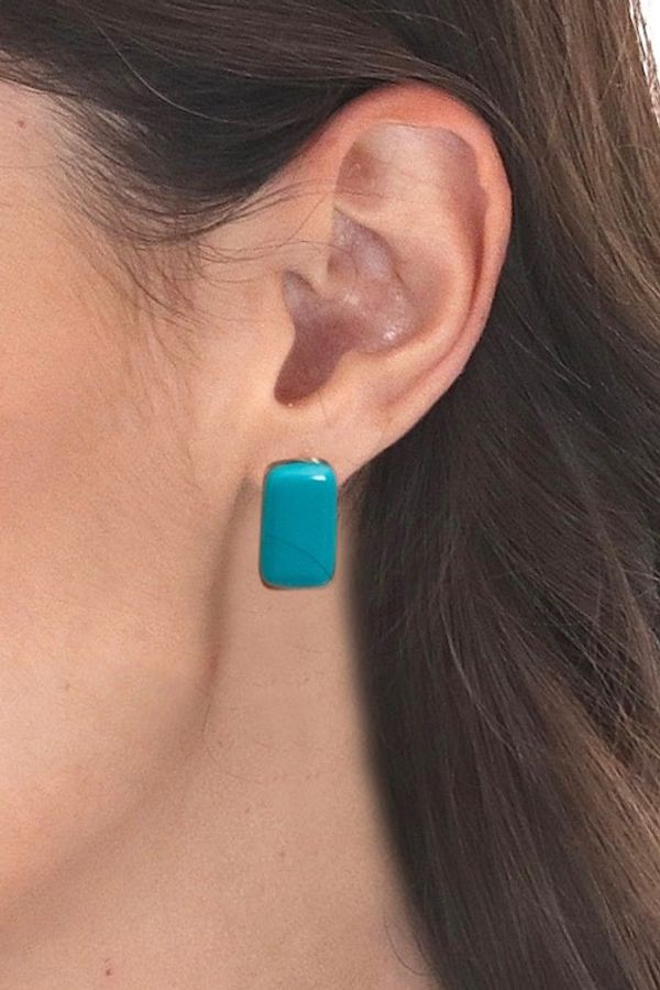 Alternate image for Teal Modern Handmade Art Glass Rectangular Button Earrings Teal Geometry