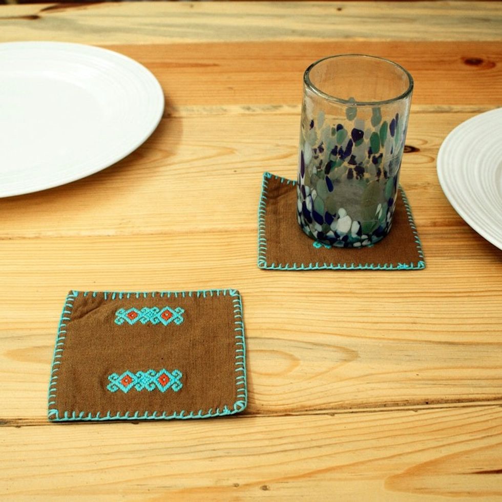 Pair of Folk Art-Themed Brown and Turquoise Cotton Coasters 'Folk Art Drinks'
