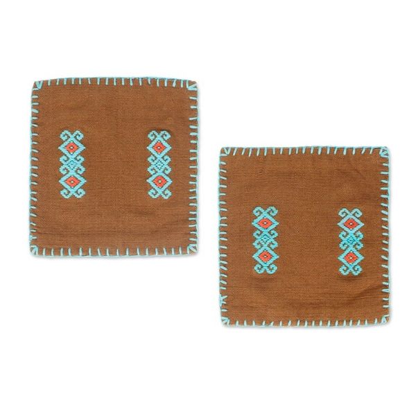 Alternate image for Pair of Folk Art-Themed Brown and Turquoise Cotton Coasters Folk Art Drinks