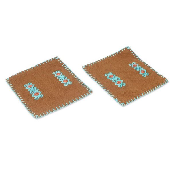 Alternate image for Pair of Folk Art-Themed Brown and Turquoise Cotton Coasters Folk Art Drinks