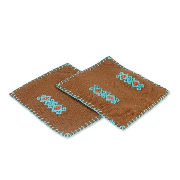 Alternate image for Pair of Folk Art-Themed Brown and Turquoise Cotton Coasters Folk Art Drinks