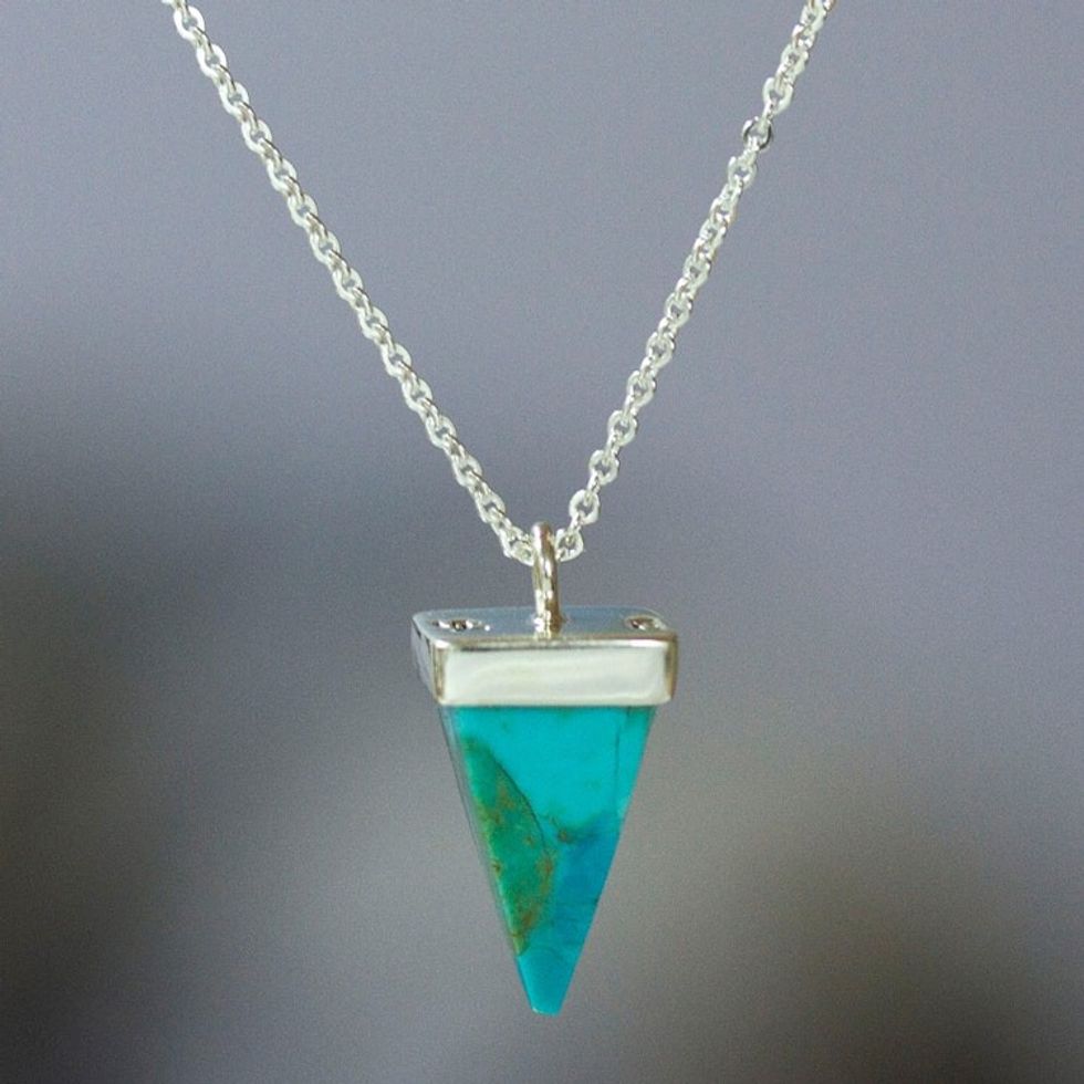 Reconstituted Turquoise Taxco Silver Pendant Necklace 'Precious Pyramid'